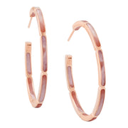 Rose gold vermeil sterling silver large hoop earrings with channel-set pink mother of pearl rectangular inlay segments and post back closure, Jan Leslie luxury women's fine jewelry.