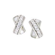Sterling silver X-crossover stud earrings with pavé diamond channel setting and white mother-of-pearl inlay panels.
