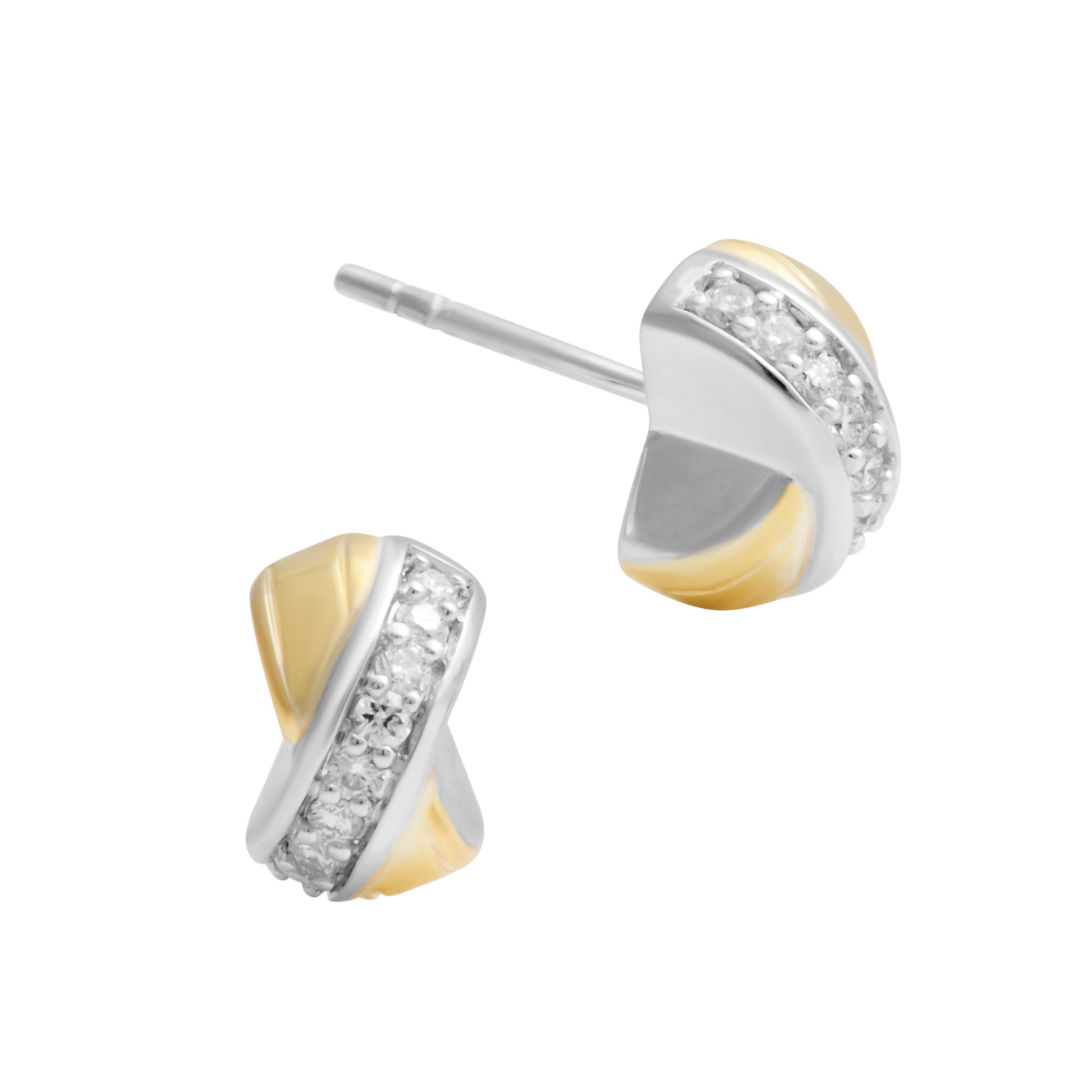 Two-tone crossover stud earrings with pavé diamond-set sterling silver band and polished gold panels.