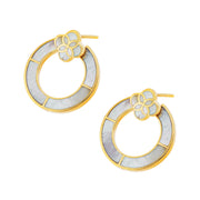 Angled staggered pair of gold vermeil sterling silver white mother of pearl segmented open circle hoop earrings with iridescent shell inlay ring and floral quatrefoil stud top with mother of pearl inlay, Jan Leslie