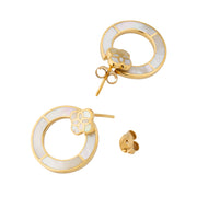 Back view of gold vermeil sterling silver white mother of pearl segmented open circle hoop earrings showing floral quatrefoil stud top with mother of pearl inlay, post pin, and butterfly push-back closure, Jan Leslie 