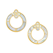 Front view pair of gold vermeil sterling silver white mother of pearl segmented open circle hoop earrings showing iridescent shell inlay ring divided by gold bars and floral quatrefoil stud top with mother of pearl inlay, Jan Leslie