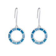 Pair of sterling silver open circle drop earrings with segmented light blue and cornflower blue enamel mosaic tile inlay on shepherd hook wires.