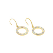Gold-plated open circle drop earrings with segmented tiger's eye inlay and shepherd hook closures — a sleek, geometric statement piece for effortless everyday elegance.