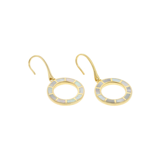 Gold-plated open circle shepherd hook drop earrings with segmented white mother-of-pearl inlay — a timeless, luminous accessory that pairs beautifully with both casual and formal looks.