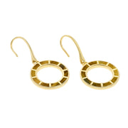 Gold-plated open circle shepherd hook drop earrings with segmented tiger's eye inlay.