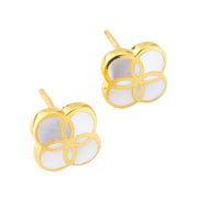  18K gold vermeil white mother-of-pearl petal Seed of Life stud earrings pair face-on view showing Seed of Life cloisonné gold lattice over independently set luminous white iridescent MOP cells by Jan Leslie
