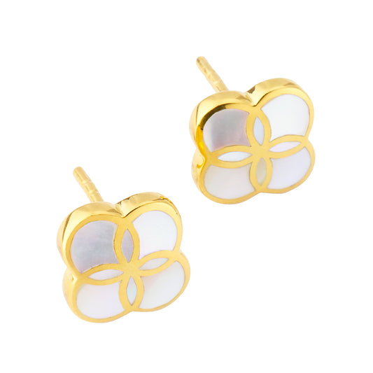  18K gold vermeil white mother-of-pearl petal Seed of Life stud earrings pair face-on view showing Seed of Life cloisonné gold lattice over independently set luminous white iridescent MOP cells by Jan Leslie