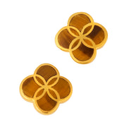  18K gold vermeil tiger eye petal Seed of Life stud earrings pair angled view showing Seed of Life cloisonné gold lattice over natural warm amber-brown chatoyant tiger eye cells with silky fibrous inclusions by Jan Leslie