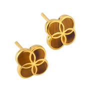 18K gold vermeil tiger eye petal Seed of Life stud earrings pair alternate angled view showing Seed of Life cloisonné gold lattice over natural tiger eye with chatoyant amber-brown fibrous inclusions by Jan Leslie