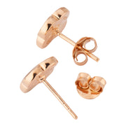 Rose gold vermeil taupe-pink mother-of-pearl petal Seed of Life stud earrings pair view showing Seed of Life cloisonné rose gold lattice over iridescent taupe-pink MOP cells in scalloped quatrefoil clover bezel by Jan Leslie