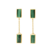 Gold vermeil sterling silver double malachite rectangle drop earrings with bezel-set banded green stone stud top and chain-suspended larger pendant, post back closure, Jan Leslie luxury women's fine jewelry.