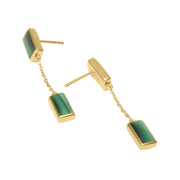 Pair of gold vermeil sterling silver double malachite rectangle long drop earrings with bezel-set banded green stone stud and larger pendant connected by delicate cable chain, Jan Leslie luxury women's fine jewelry.
