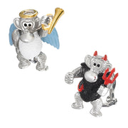 Sterling silver mismatched angel and devil monkey cufflinks with hand-painted enamel.
