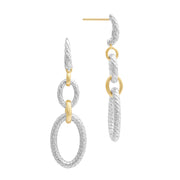 Elegant two-tone drop earrings featuring textured sterling silver rope-link ovals with polished gold connectors and diamond-accented hooks.
