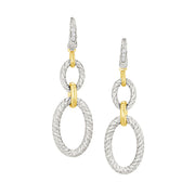 Elegant two-tone drop earrings featuring textured sterling silver rope-link ovals with polished gold connectors and diamond-accented hooks.