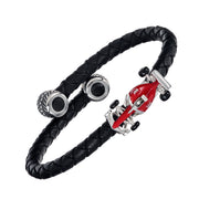  Sterling silver Formula 1 racing car bracelet alternate flat view showing double-wrap black braided leather cord red enamel F1 car clasp and oxidized silver tire-tread end caps with black onyx centers by Jan Leslie