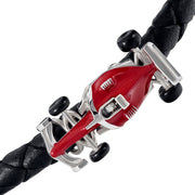 Sterling silver Formula 1 racing car bracelet full flat view showing double-wrap red braided leather cord red enamel F1 car clasp and tire-tread barrel end caps by Jan Leslie