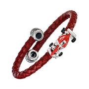 Sterling silver Formula 1 racing car bracelet alternate flat view showing double-wrap red braided leather cord red enamel F1 car clasp and oxidized silver tire-tread end caps with black onyx centers by Jan Leslie
