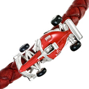  Sterling silver Formula 1 racing car bracelet red leather clasp close-up showing fully sculptural red enamel F1 open-wheel racing car with black enamel tires polished silver wings and suspension detail by Jan Leslie