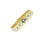 "Luxury gold-plated hinged bangle with hand-inlaid mother-of-pearl and turquoise fan motif