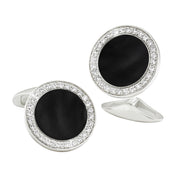  Sterling silver black onyx and crystal pavé round cufflinks pair angled view showing deep matte black onyx center full crystal pavé halo and bullet-back closure by Jan Leslie