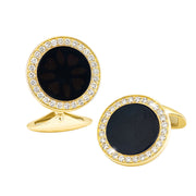 Yellow gold-plated sterling silver round cufflinks with black onyx face and pavé cubic zirconia halo, bullet toggle back, Jan Leslie
