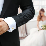  Round Mabé Pearl & Gold Vermeil Grooved Bezel Cufflinks on Groom in Black Tuxedo 