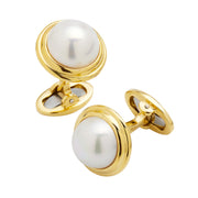 Round Mabé Pearl & Gold Vermeil Double-Grooved Bezel Cufflinks with Toggle Back — Angled View - Jan Leslie Cufflinks and Accessories