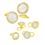 18K gold-plated sterling silver mother-of-pearl and crystal pavé tuxedo cufflink and shirt stud set full view showing luminous white MOP centers full crystal pavé halo and gold polished bezels by Jan Leslie