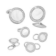 Silver tuxedo set with round mother of pearl center and crystal halo border cufflinks and studs with double ring backs.