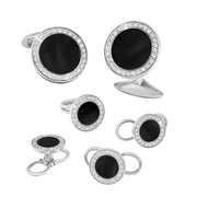 Sterling silver black onyx and crystal pavé tuxedo cufflink and shirt stud set flat lay showing two round cufflinks face-up with whale-back closures and four shirt studs with lobster clasp backs by Jan Leslie