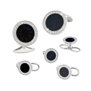 Sterling silver black onyx and crystal pavé tuxedo cufflink and shirt stud set angled view showing deep black onyx centers full crystal pavé halo and polished silver bezels by Jan Leslie