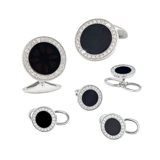 Sterling silver black onyx and crystal pavé tuxedo cufflink and shirt stud set angled view showing deep black onyx centers full crystal pavé halo and polished silver bezels by Jan Leslie