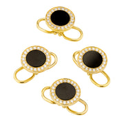 Black onyx and CZ halo tuxedo shirt stud set in yellow gold with double-ring bullet posts — Jan Leslie