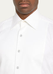  Man wearing sterling silver white mother-of-pearl and crystal pavé shirt studs on white pleated tuxedo shirt showing three studs by Jan Leslie.