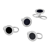 Sterling silver black onyx and crystal pavé tuxedo shirt stud set of four alternate scattered view showing full crystal pavé halo black onyx centers and varied clasp positions by Jan Leslie.