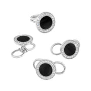  Sterling silver black onyx and crystal pavé tuxedo shirt stud set of four scattered view showing black onyx centers crystal pavé halo and lobster clasp backs by Jan Leslie