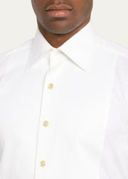  Man wearing 18K gold vermeil mother-of-pearl and crystal pavé tuxedo shirt studs on white formal shirt placket showing three studs with MOP centers and gold crystal pavé halo by Jan Leslie