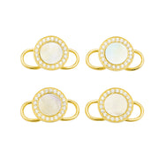  18K gold vermeil mother-of-pearl and crystal pavé tuxedo shirt stud set grid view showing four studs with luminous MOP centers and full crystal pavé halo by Jan Leslie