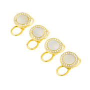 18K gold vermeil mother-of-pearl and crystal pavé tuxedo shirt stud set diagonal view showing luminous MOP centers crystal pavé halo and polished gold bezels by Jan Leslie