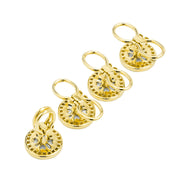  18K gold vermeil mother-of-pearl and crystal pavé tuxedo shirt stud set back view showing ornate gold filigree lobster clasp backs and polished gold rims by Jan Leslie