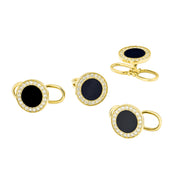 Black onyx and CZ halo tuxedo shirt stud set in yellow gold with double-ring bullet posts — Jan Leslie