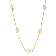 White mother-of-pearl five-heart bezel station necklace on gold cable chain — Jan Leslie