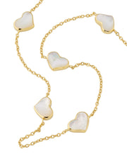White mother-of-pearl five-heart bezel station necklace on gold cable chain — Jan Leslie