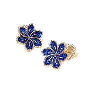 Gold-plated cobalt blue enamel frangipani flower stud earrings with hand-painted petal detailing and butterfly push-back closures.