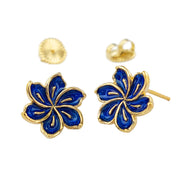 Bold cobalt blue enamel frangipani stud earrings in gold-plated settings — a resort-ready, artisan-crafted accessory that pairs effortlessly with white linen, navy stripes, or a little black dress.