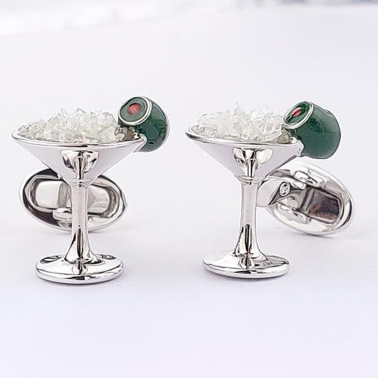 Sterling silver 3D martini glass cufflinks with crushed ice enamel.Jan leslie