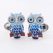 Sculpted enamel owl cufflinks in sterling silver with black crystal eyes and whale-back closure: Jan leslie