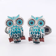 Sculpted enamel owl cufflinks in sterling silver with black crystal eyes and whale-back closure